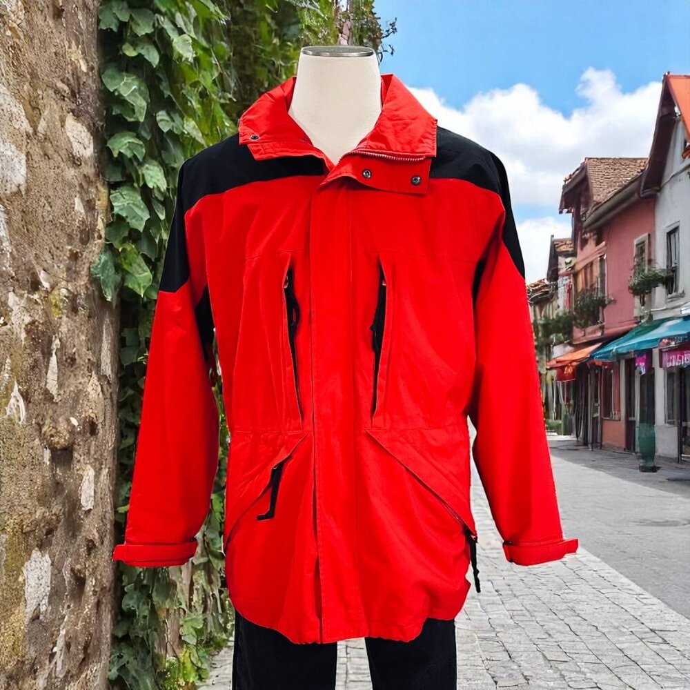 VTG EMS Red Black GTX Hooded Jacket Large Outdoor Hiking‎ Windbreaker Y2K Core